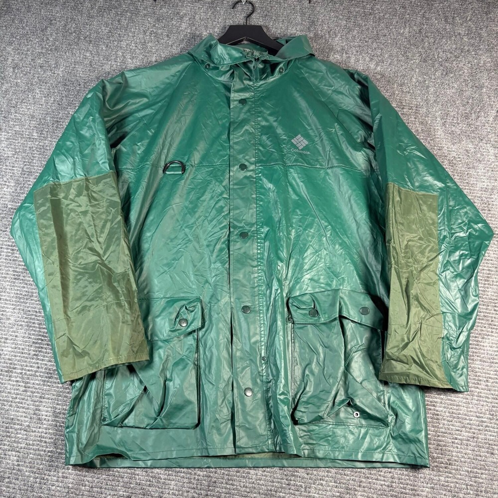 Vtg Columbia Rain Jacket Mens L Green Good Radial Sleeve Hooded Slicker